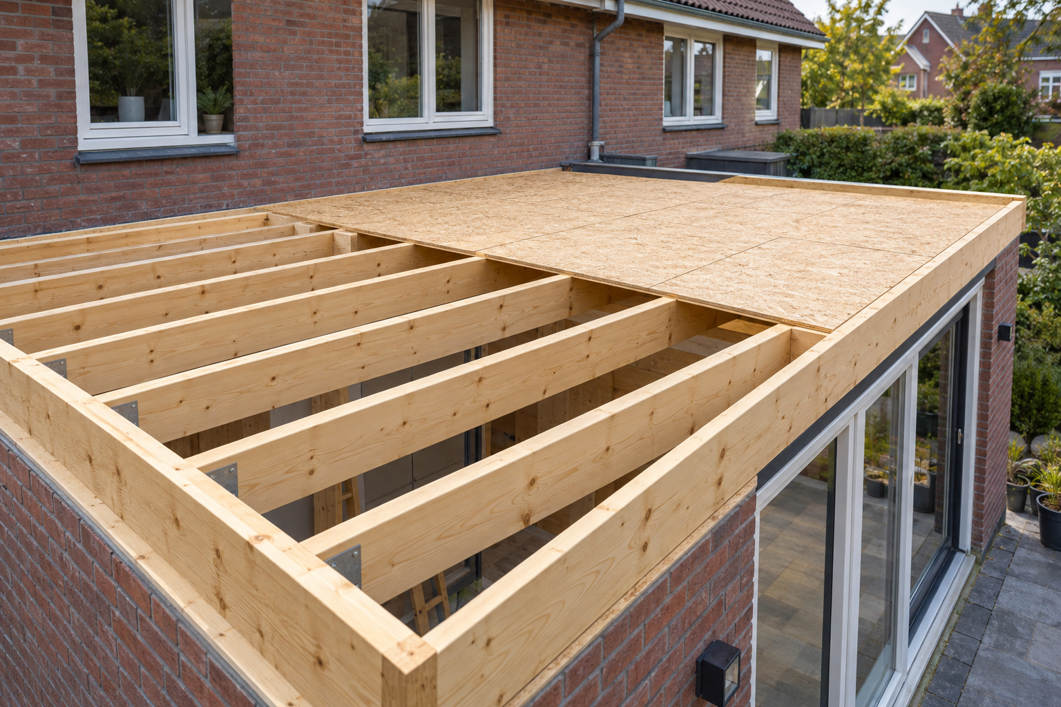Houten balklaag en dakbeschot van een nieuwe uitbouw