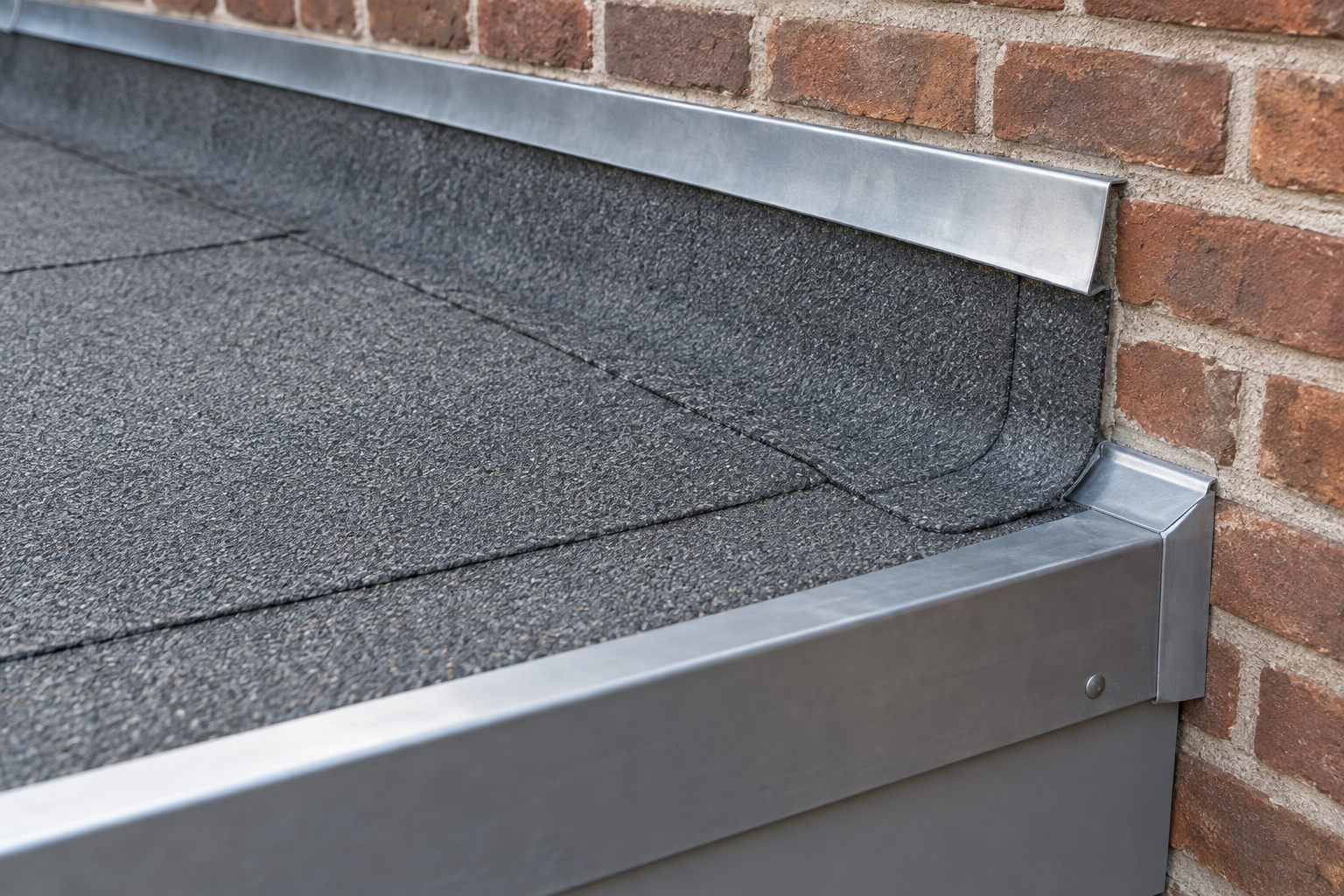 Detail van bitumen dakbedekking, metalen dakrand en gevelaansluiting