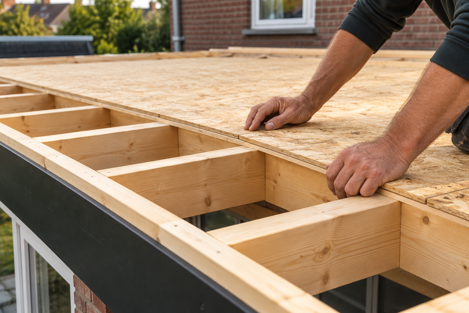 Houten balken en dakbeschot voor een plat dak